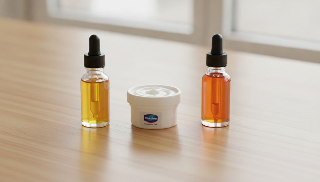 Three small bottles of ingredients a jar of Vaseline a bottle of Vitamin E oil and a bottle of Rosehip oil arranged neat