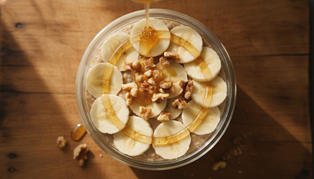 A tempting jar of overnight oats topped with banana slices nuts and a drizzle of honey