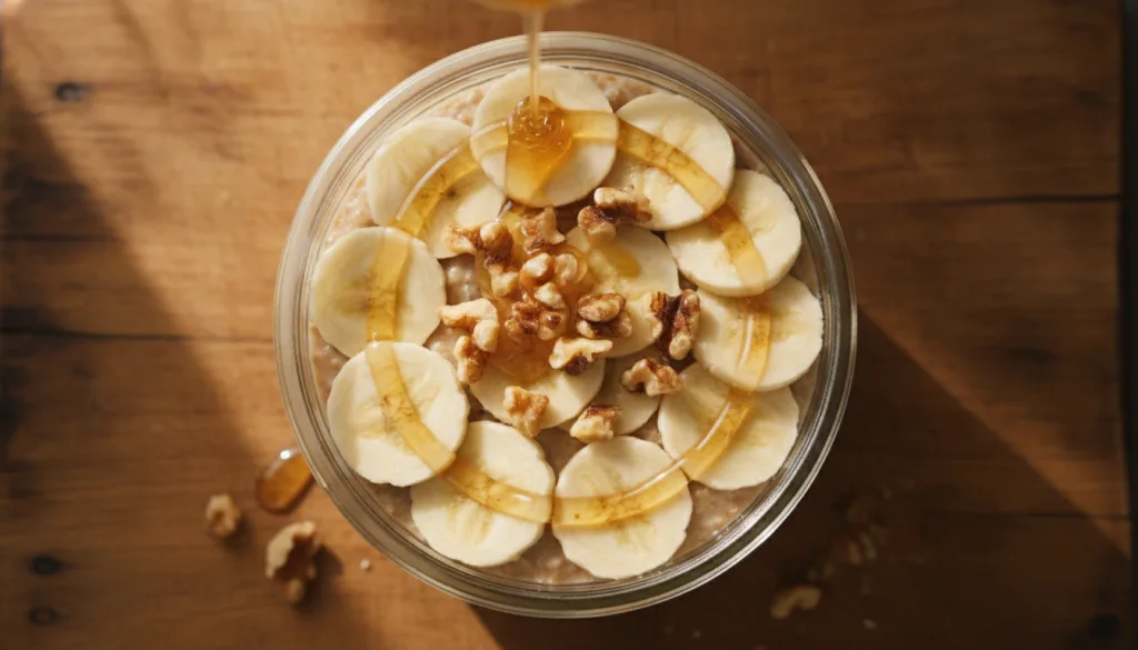 A tempting jar of overnight oats topped with banana slices nuts and a drizzle of honey