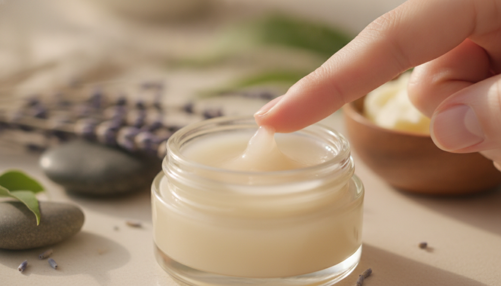 A close-up of a small elegant jar of a homemade translucent night balm with a finger gently scooping a tiny amount The b