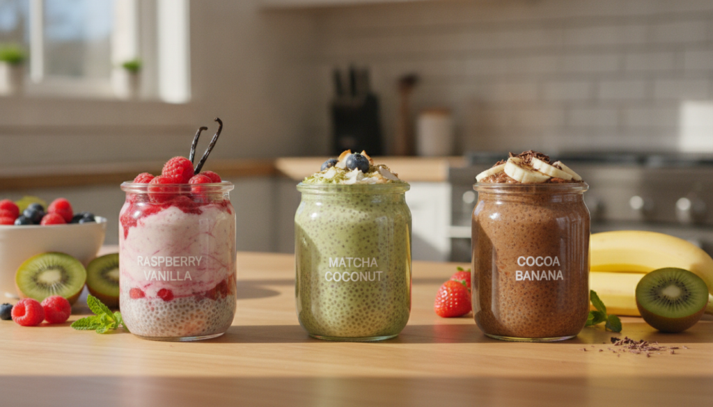 Three colorful chia pudding jars one raspberry vanilla one matcha coconut one cocoa banana neatly arranged on a kitchen 