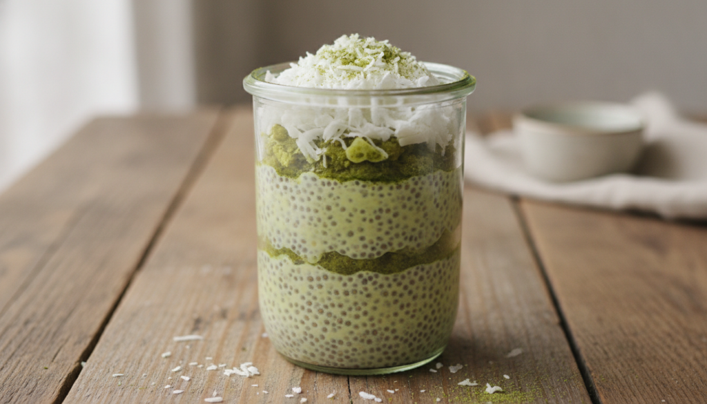 A glass jar with vibrant green matcha coconut chia pudding garnished with shredded coconut and a sprinkle of matcha powd
