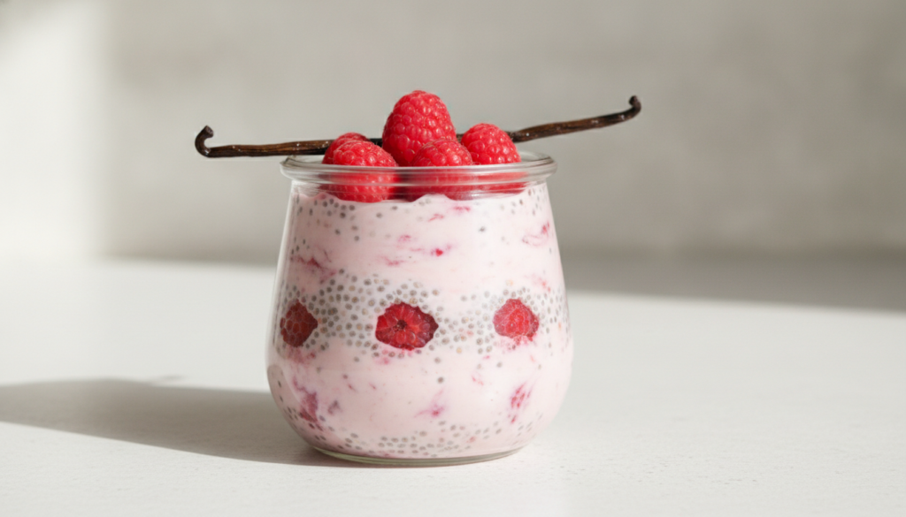 A glass jar filled with pink raspberry vanilla chia pudding topped with fresh raspberries and a vanilla bean pod on a li
