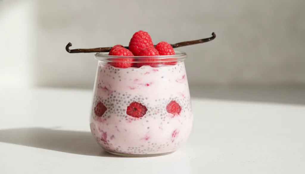 A glass jar filled with pink raspberry vanilla chia pudding topped with fresh raspberries and a vanilla bean pod on a li