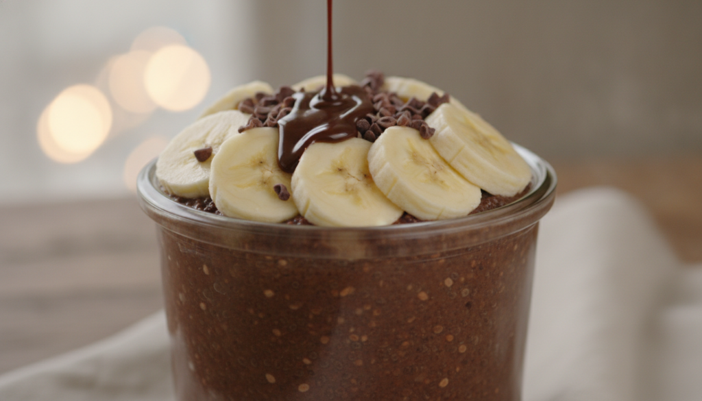 A glass jar filled with dark brown cocoa banana chia pudding topped with banana slices cocoa nibs and a drizzle of choco