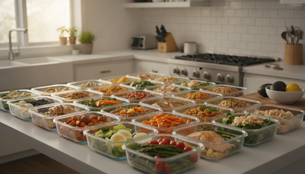 A variety of high-protein meal-prepped containers neatly arranged on a kitchen counter showing different colorful and he