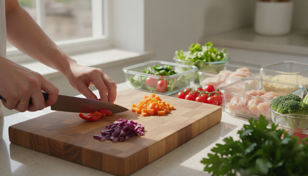 Someone meticulously chopping vegetables and preparing ingredients on a clean kitchen counter surrounded by neatly stack