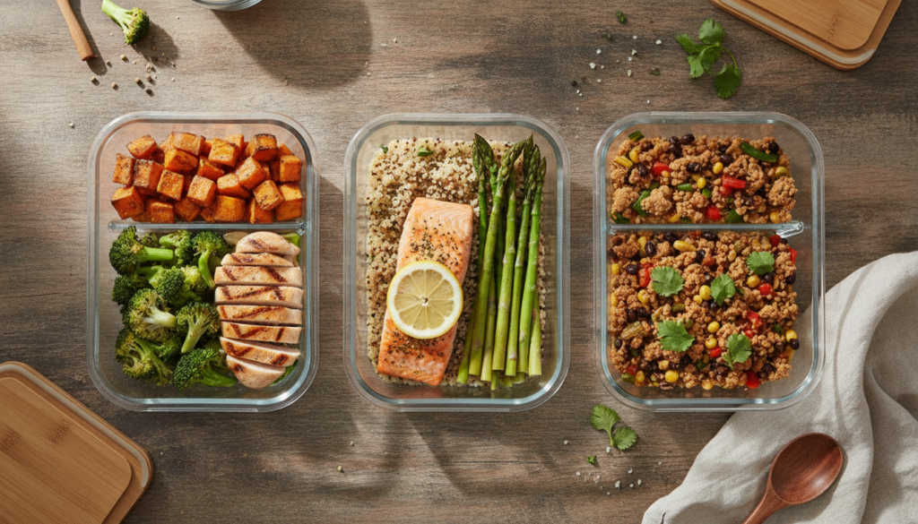 A close-up shot of three different vibrantly colored high-protein meal prep containers one with grilled chicken and roas