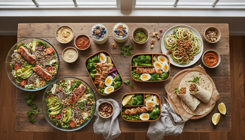 A vibrant diverse collection of high-protein lunch ideas arranged attractively on a wooden table showcasing bento boxes 