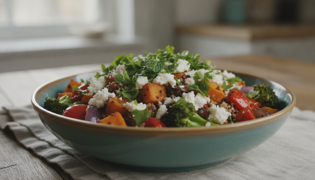 A close-up shot of a colorful quinoa bowl topped with roasted vegetables feta cheese and a sprinkle of fresh herbs