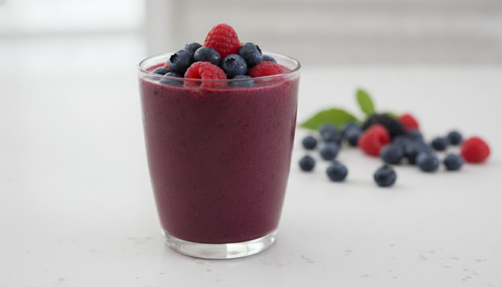 A glass of vibrant purple berry smoothie topped with a few fresh berries on a light-colored surface with blurred fresh b