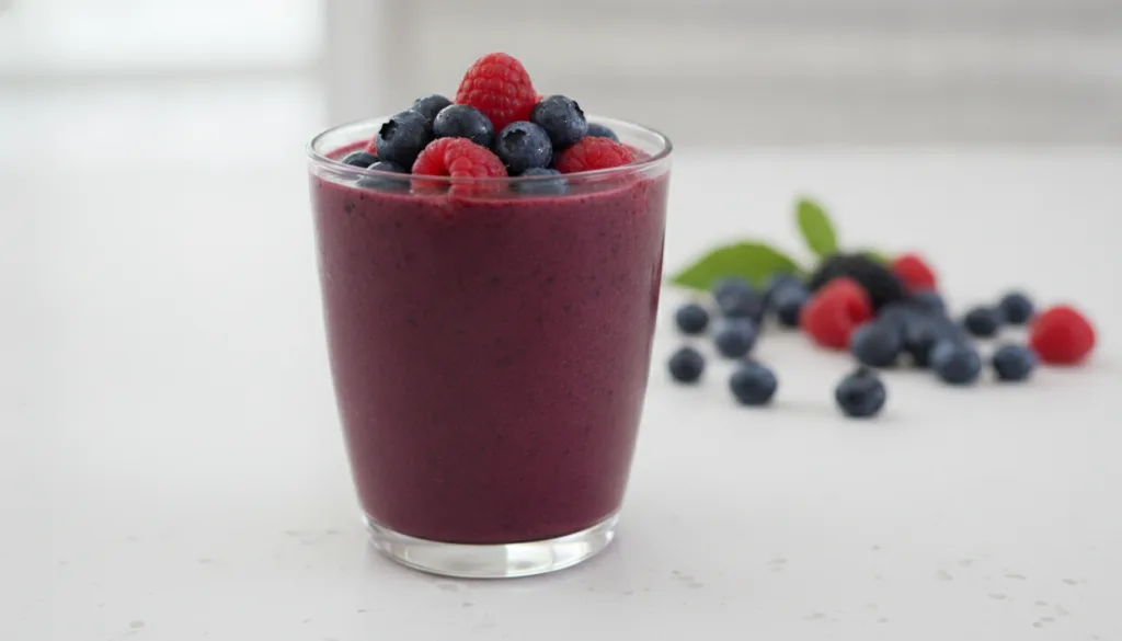 A glass of vibrant purple berry smoothie topped with a few fresh berries on a light-colored surface with blurred fresh b