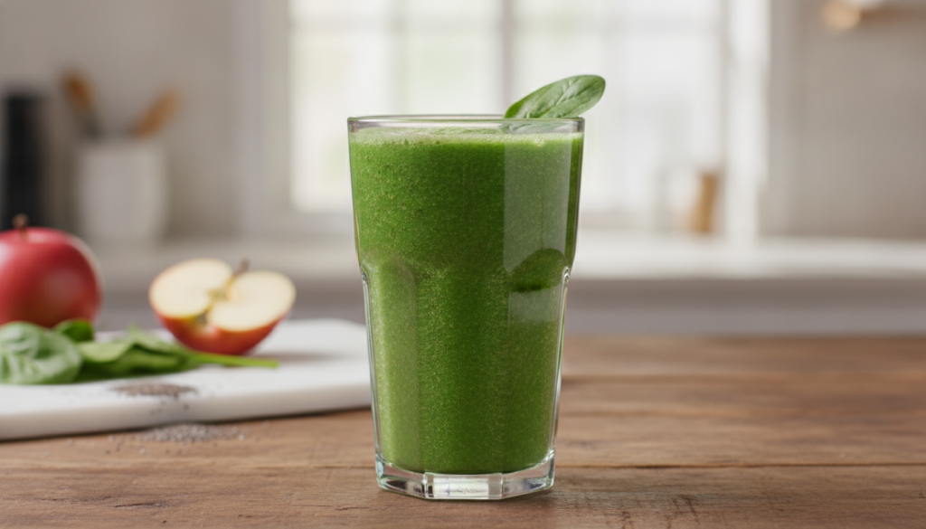 A tall glass of a bright green smoothie garnished with a spinach leaf and a slice of apple on a rustic wooden table with