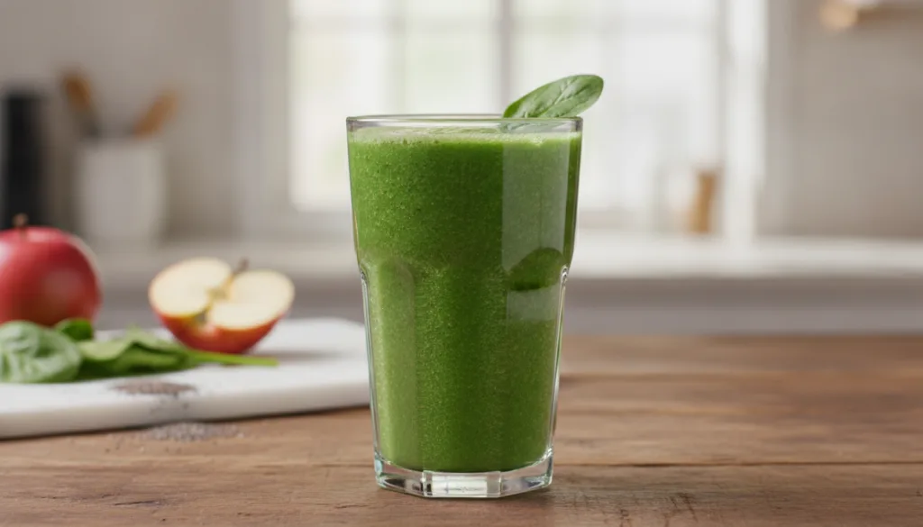 A tall glass of a bright green smoothie garnished with a spinach leaf and a slice of apple on a rustic wooden table with