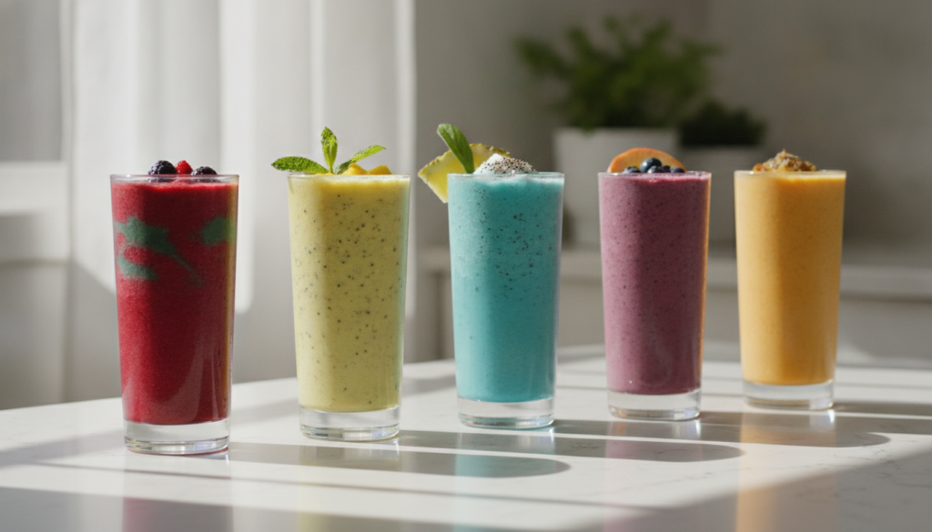A colorful array of six different smoothies in various glasses showcasing their distinct colors green red yellow brown o
