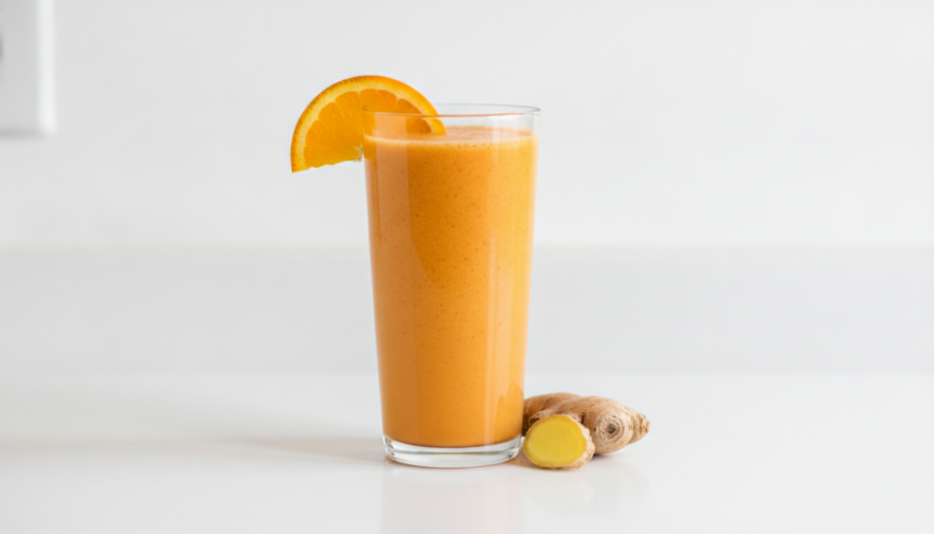 A tall glass of a bright orange carrot ginger smoothie garnished with a thin slice of orange and a small piece of ginger