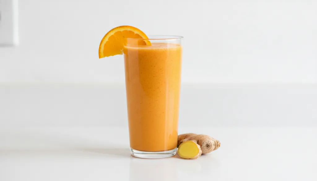 A tall glass of a bright orange carrot ginger smoothie garnished with a thin slice of orange and a small piece of ginger