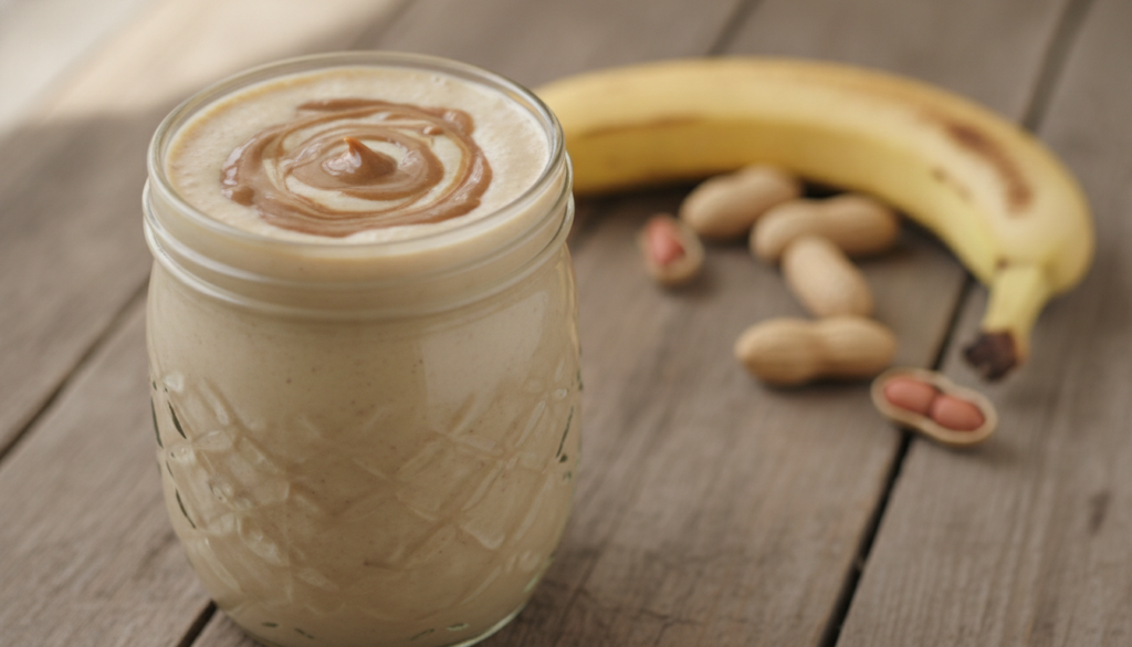 A rustic glass of a creamy brown peanut butter banana smoothie drizzled with peanut butter on a wooden surface with a wh