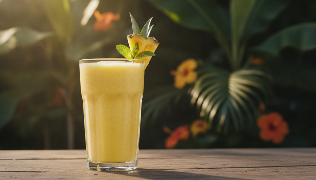 A tall glass of a bright yellow tropical smoothie garnished with a small piece of pineapple and a mint leaf with a tropi