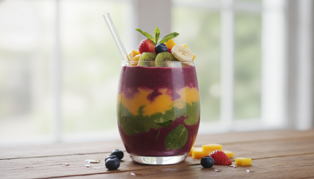 A vibrant colorful smoothie in a clear glass garnished with fresh fruit on a wooden table with a soft bright background