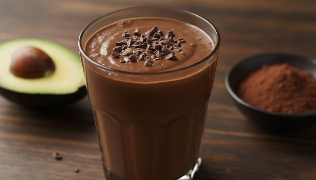 A glass of dark rich chocolate avocado smoothie topped with a sprinkle of cacao nibs on a dark wooden background with a 