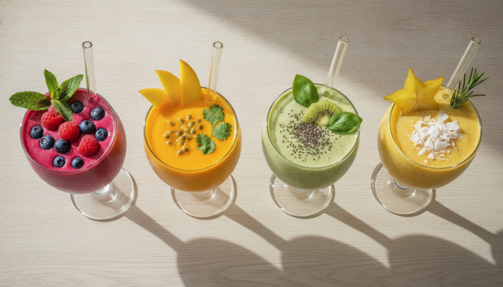 A top-down shot of four different colorful smoothies in clear glasses garnished with fresh fruits and herbs arranged app