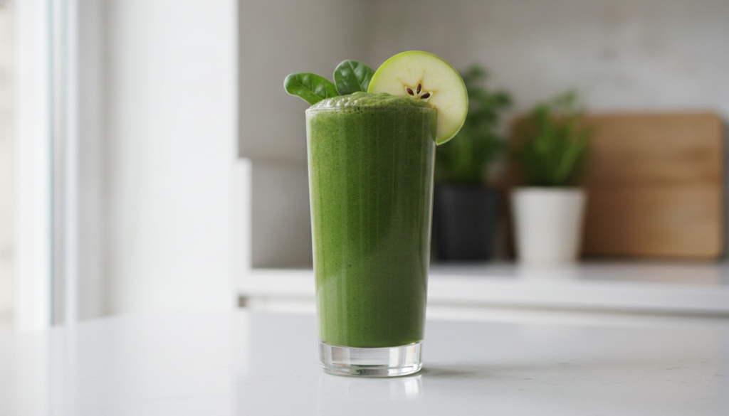 A vibrant green smoothie in a tall glass garnished with a few fresh spinach leaves and a slice of green apple on a clean