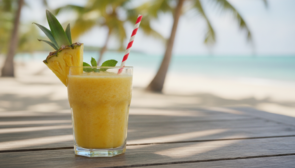 A vibrant yellow-orange tropical smoothie in a clear glass with a straw garnished with a slice of pineapple and a mint l