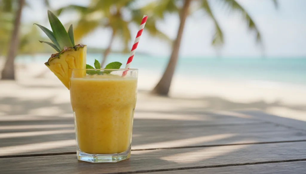 A vibrant yellow-orange tropical smoothie in a clear glass with a straw garnished with a slice of pineapple and a mint l