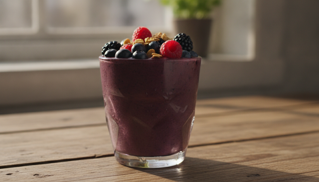 A deep purple berry smoothie in a stylish glass topped with fresh mixed berries and a sprinkle of granola on a rustic wo