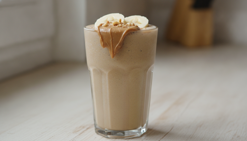 A creamy brown peanut butter banana smoothie in a glass with a dollop of peanut butter on top and a few banana slices on