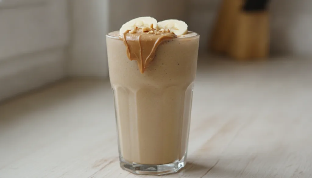 A creamy brown peanut butter banana smoothie in a glass with a dollop of peanut butter on top and a few banana slices on