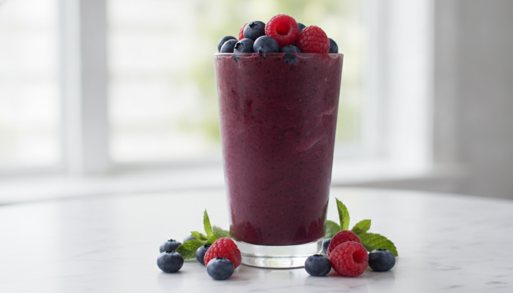 A deep purple berry smoothie in a clear glass garnished with fresh berries
