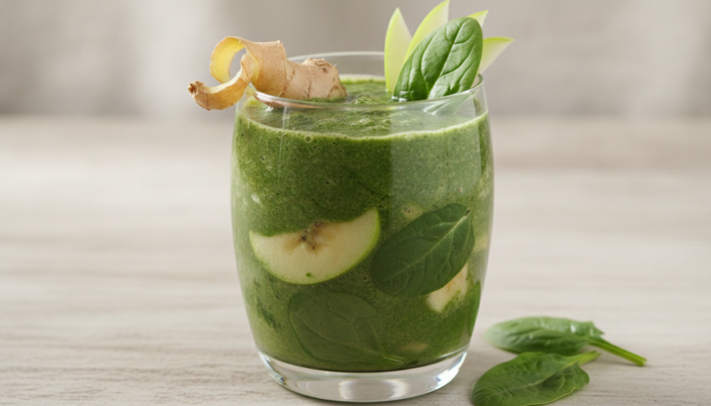 A bright green smoothie in a glass with spinach apple slices and ginger root visible around it
