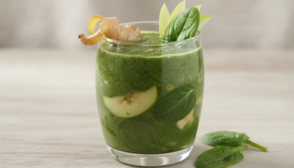 A bright green smoothie in a glass with spinach apple slices and ginger root visible around it