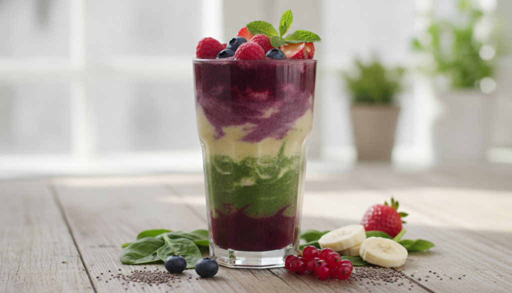 A vibrant colorful smoothie in a glass with fresh fruits like berries banana and leafy greens arranged around it on a wo
