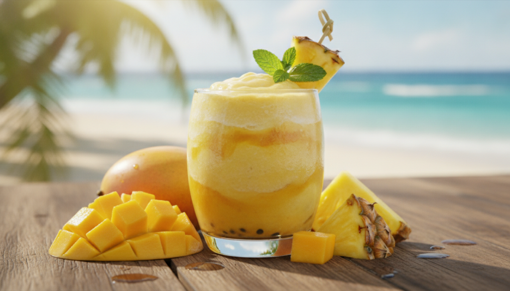 A bright yellow and orange tropical smoothie in a glass with mango and pineapple chunks around it
