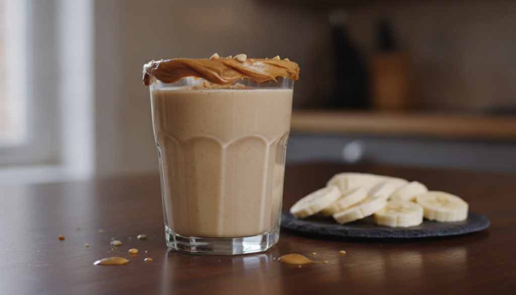 A thick brown peanut butter protein smoothie in a glass with a spoonful of peanut butter and a banana nearby