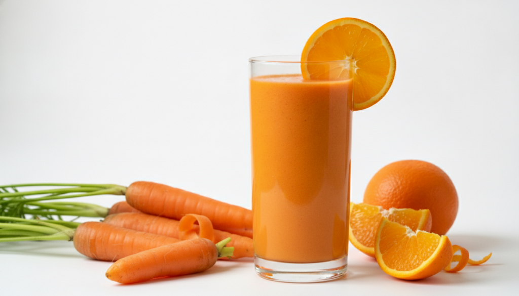 A vibrant orange carrot and orange smoothie in a glass with fresh carrots and orange slices
