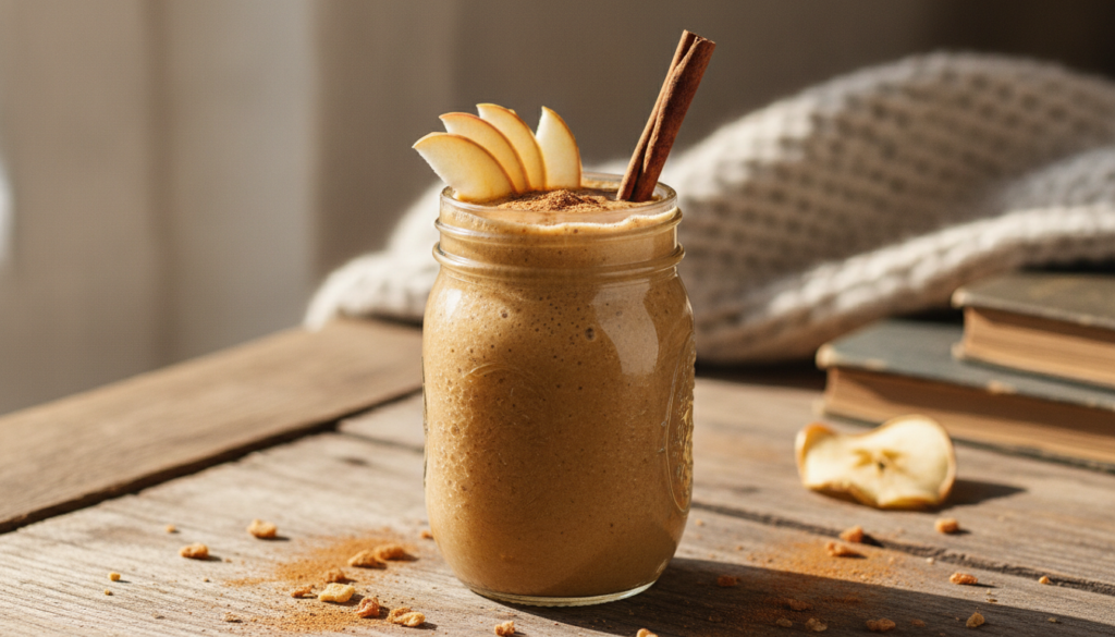 A comforting brown cinnamon apple pie smoothie in a glass with apple slices and cinnamon sticks