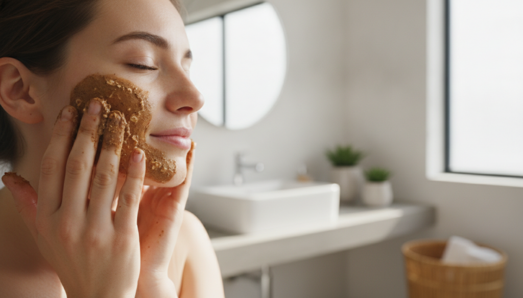 A woman gently applying a homemade mask with visible coffee grounds to her face in a well-lit bathroom with a relaxed an