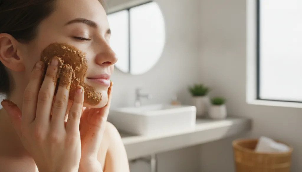 A woman gently applying a homemade mask with visible coffee grounds to her face in a well-lit bathroom with a relaxed an