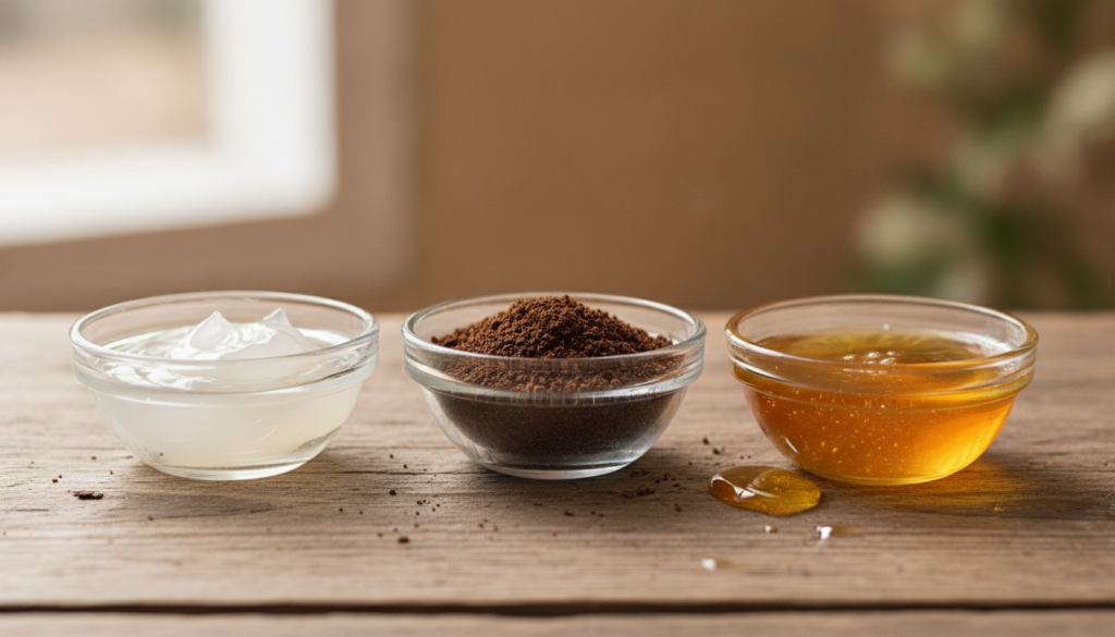 A close-up shot of small bowls containing Vaseline ground coffee and honey neatly arranged on a rustic wooden surface hi