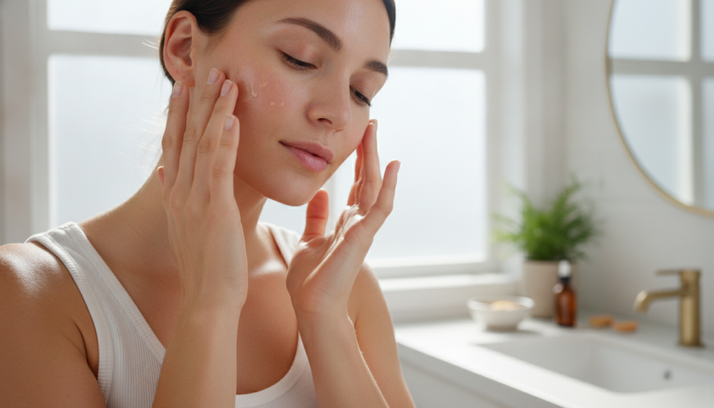 A woman gently applying a homemade serum or toner to her radiant dewy face illustrating the glass skin effect The settin