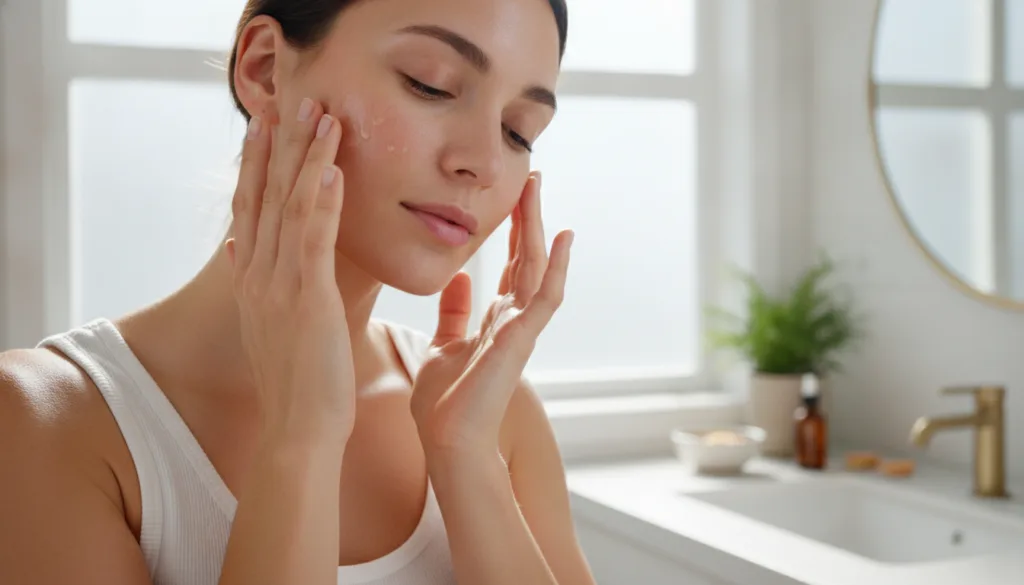 A woman gently applying a homemade serum or toner to her radiant dewy face illustrating the glass skin effect The settin