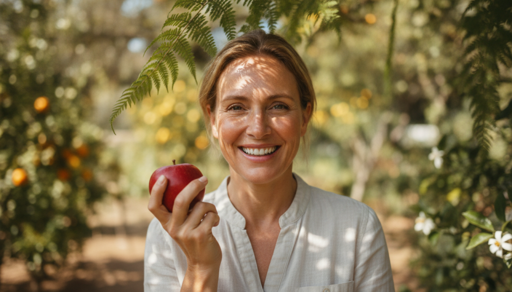 A smiling charismatic person radiating health and positive energy possibly holding a herb or a piece of fruit embodying 