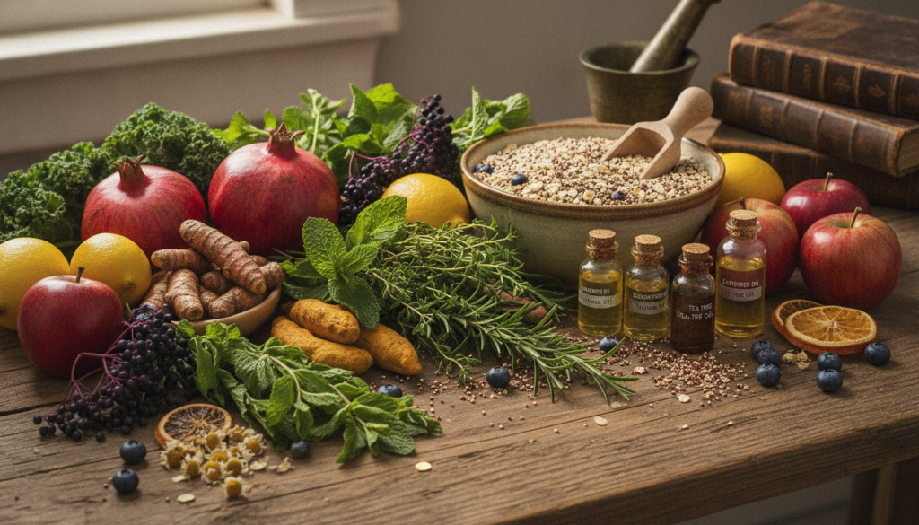 An array of natural remedies and healthy foods like herbs fresh fruits vegetables essential oils and whole grains arrang