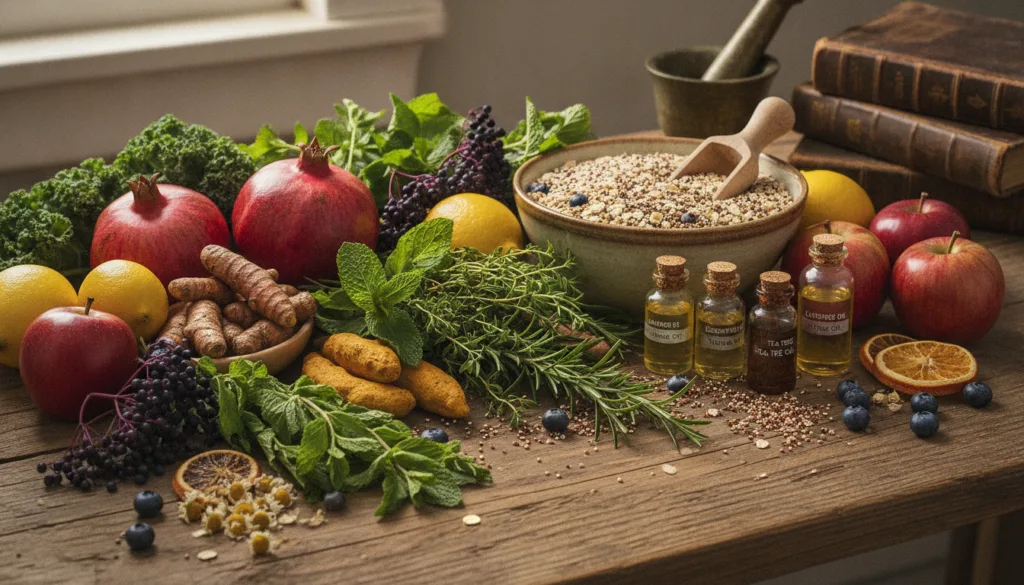 An array of natural remedies and healthy foods like herbs fresh fruits vegetables essential oils and whole grains arrang