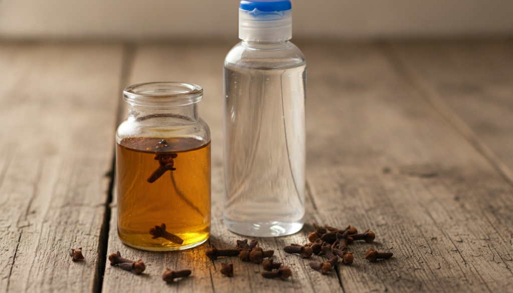 A small glass jar with homemade clove-infused oil a bottle of baby oil and a handful of dried cloves on a rustic wooden 