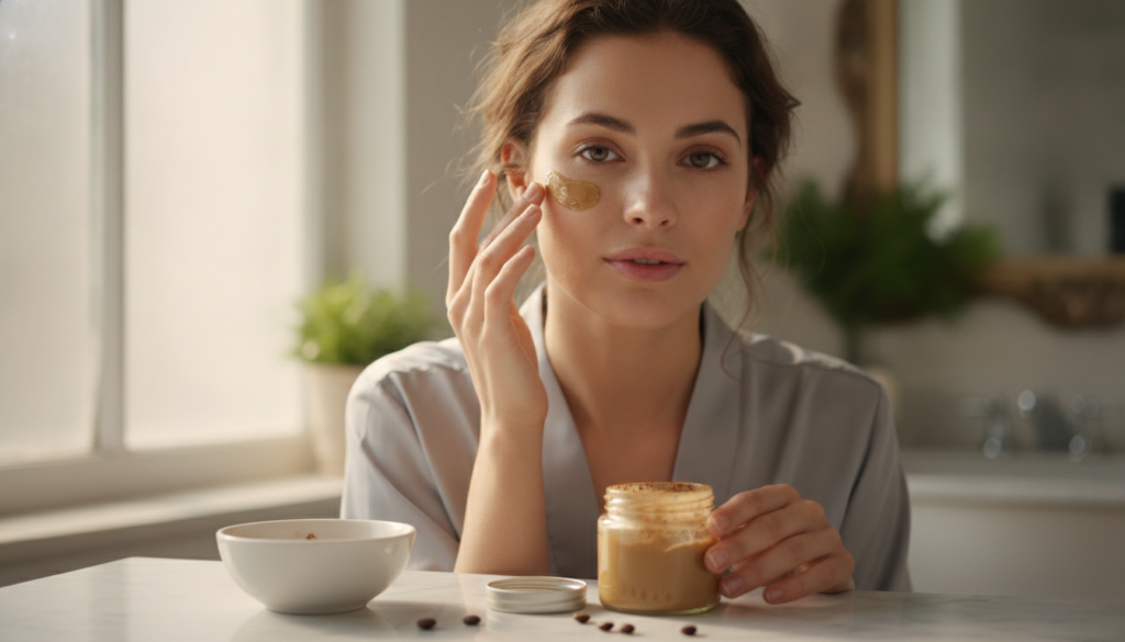 A woman with a peaceful expression gently applying the coffee and Vaseline mixture under her eyes with her ring finger i
